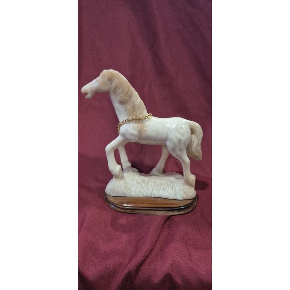 Vintage Alabaster Horse Figurine White Stallion Statue Wood Base Chain 5" Read
